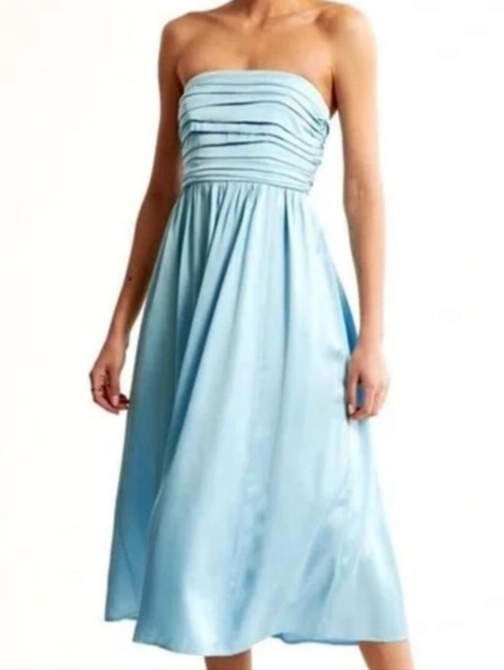 Abercrombie & Fitch Satin Emerson Ruched Strapless Midi Dress Blue Size Medium
